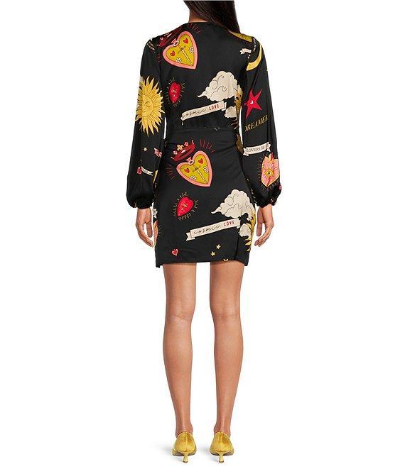 Never Fully Dressed Vienna Satin Mystical Motif Print V-Neck Long Sleeve Wrap Tie Mini Dress Product Image