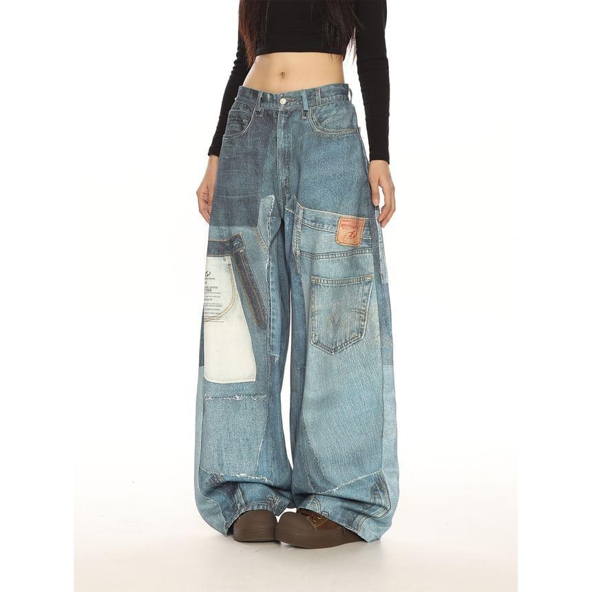 Mid Rise Patchwork Washed Wide Leg Jeans Product Image