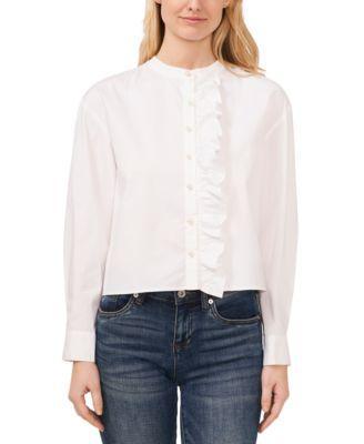 CeCe Womens Ruffled Button-Front Long-Sleeve Cropped Blouse Product Image