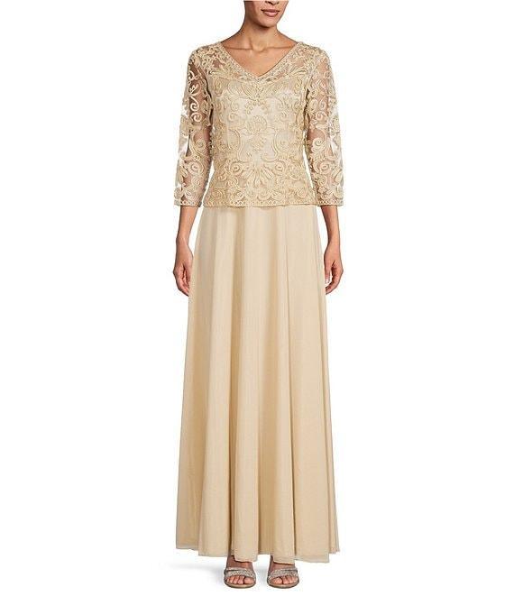 Soulmates V-Neck 3/4 Sleeve Soutache Lace Bodice A-Line Gown Product Image