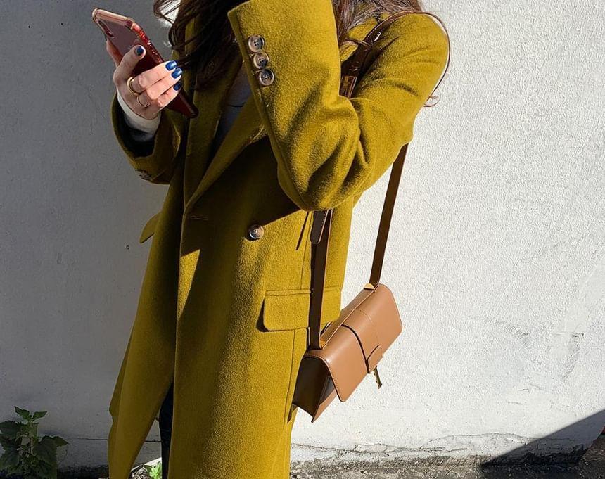 Peak Lapel Plain Midi Button Wrap Coat Product Image