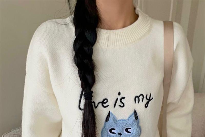 Crew Neck Cat Embroidered Top Product Image