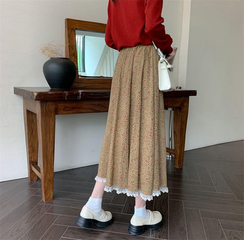 High Rise Floral Print Lace-Trim Midi A-Line Skirt Product Image