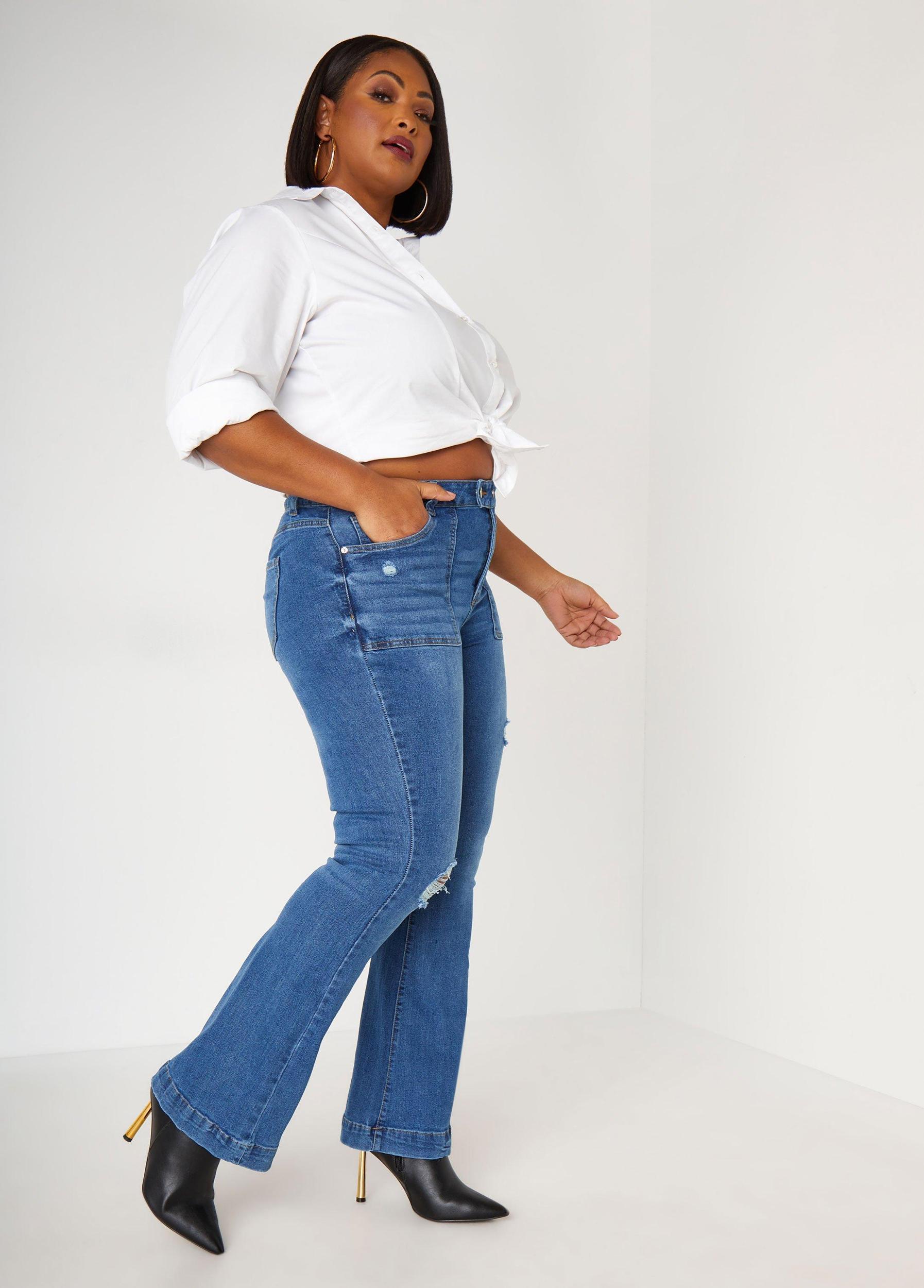 Plus Size Distressed High Rise Flared Jeans Ashley Stewart Product Image