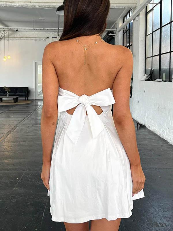 A-Line Loose Backless Pleated Solid Color Split-Joint Tied Tube Mini Dresses Product Image