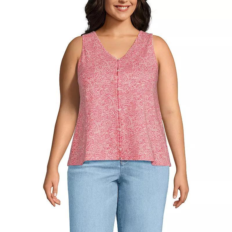 Plus Size Lands' End Slub Button Down Tank, Women's, Size: 1XL, White Black Stripe Product Image