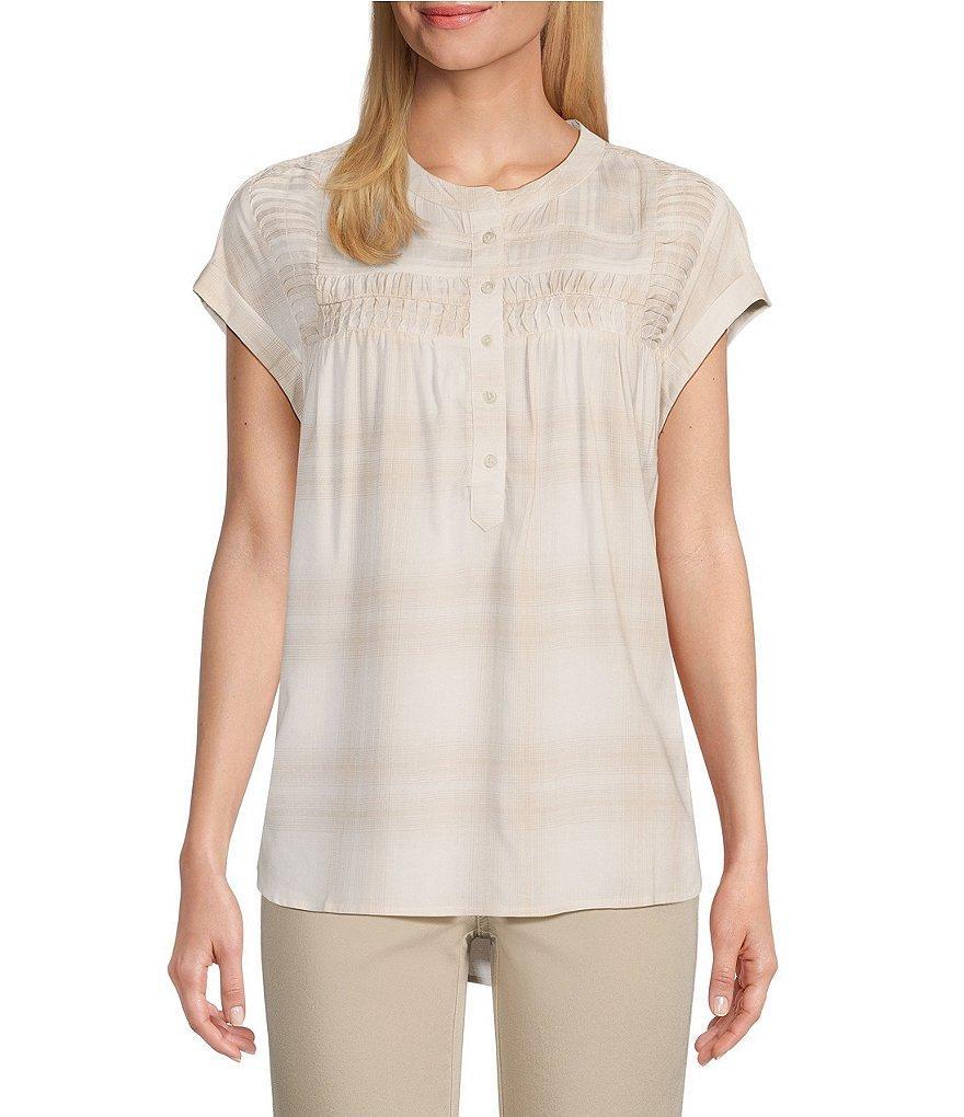 Intro Plaid Woven Pleated Yoke Band Round Neckline Cuffed Short Sleeve Half Button Front Placket Popover Shirt Product Image