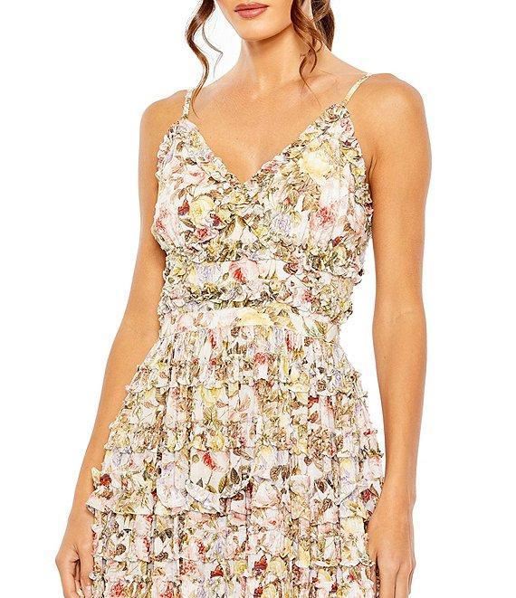 Mac Duggal Floral Print V-Neck Spaghetti Strap Ruffle Embellished A-Line Dress Product Image