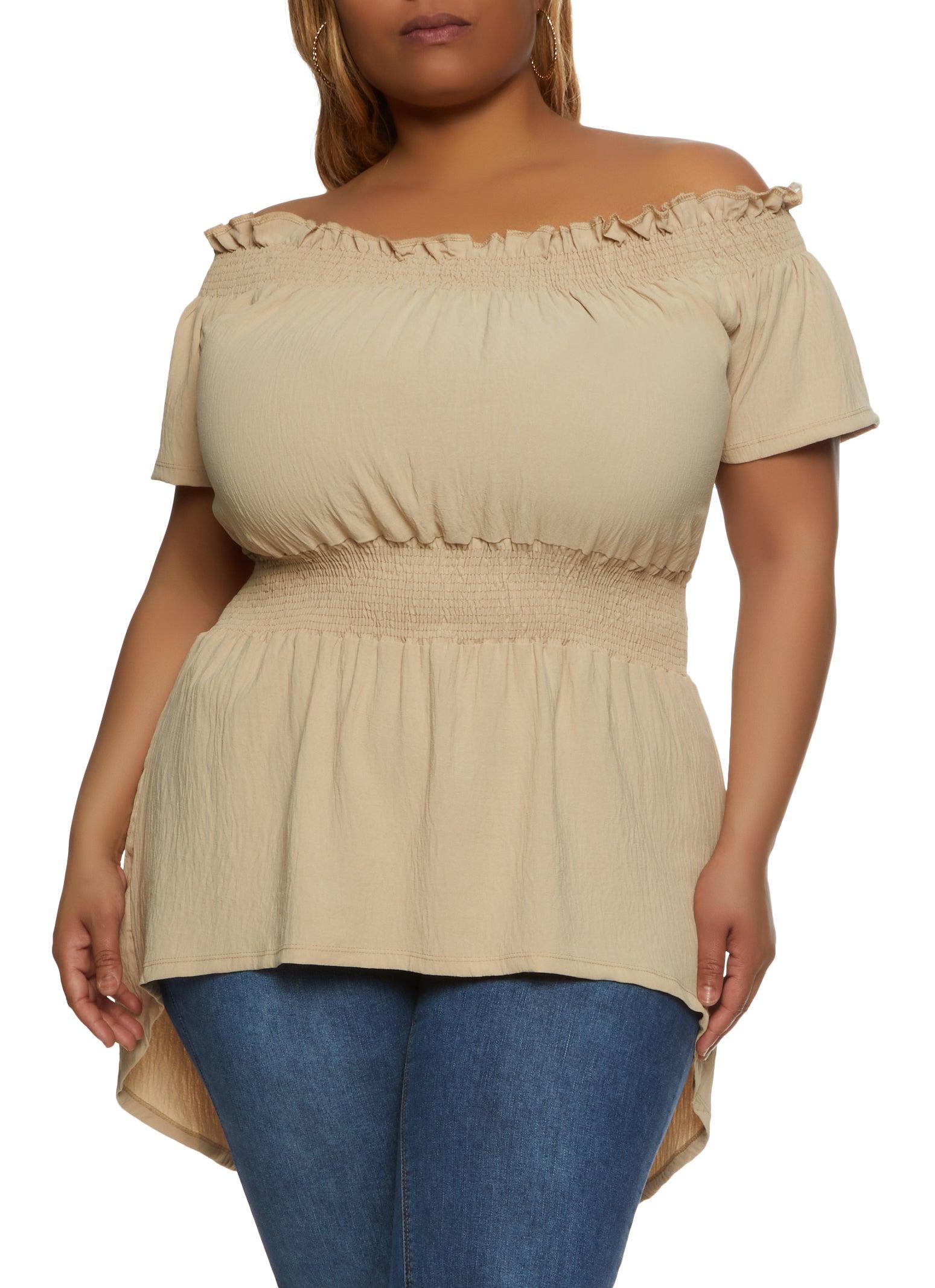 Womens Plus Size Solid Smocked Off the Shoulder Blouse Product Image