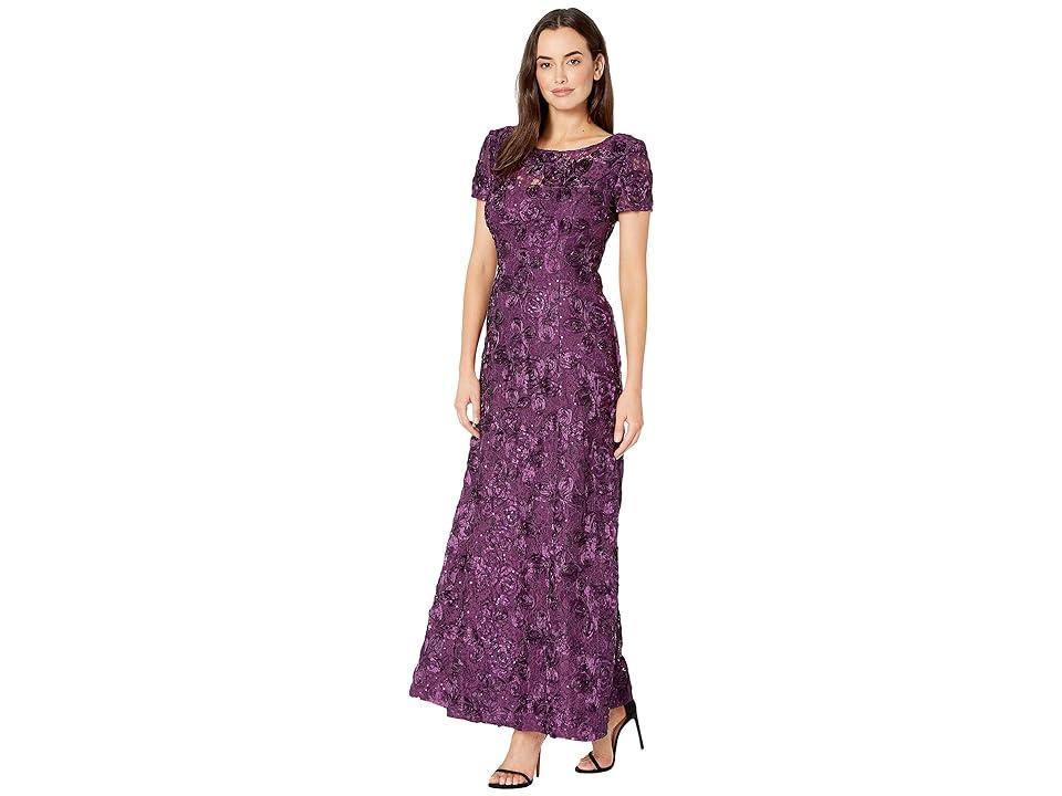 Alex Evenings Long A-Line Rosette Dress with Sequin Detail (Eggplant) Women's Dress Product Image