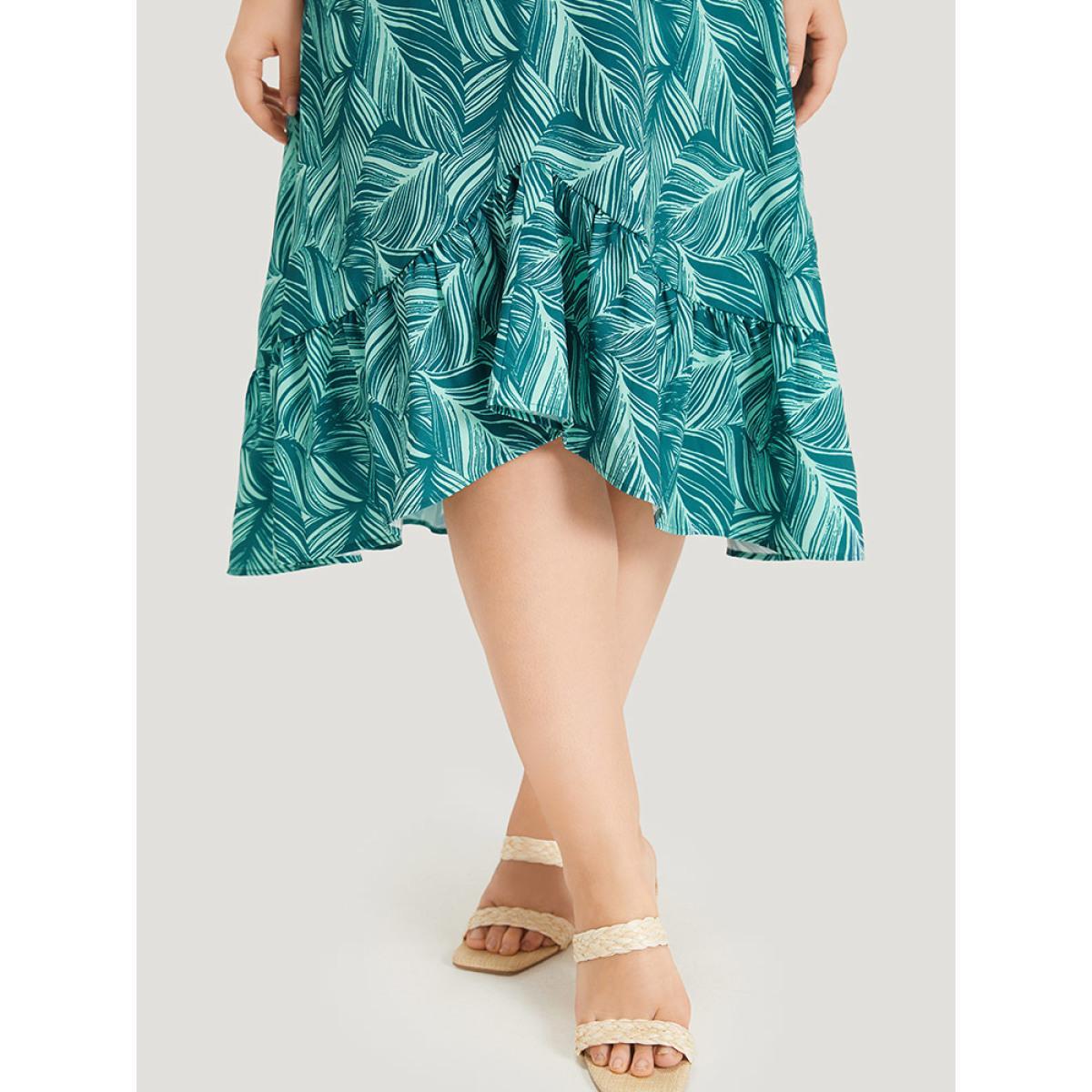 Plus Size Plant Print Ruffles Pocket Asymmetrical Hem Wrap Dress Green Women Vacation Wrap V-neck Short sleeve Curvy Midi Dress BloomChic 26/4X Product Image