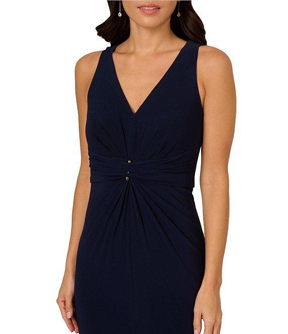 Adrianna Papell V-neck Sleeveless Shirred Jersey Sheath Gown Product Image