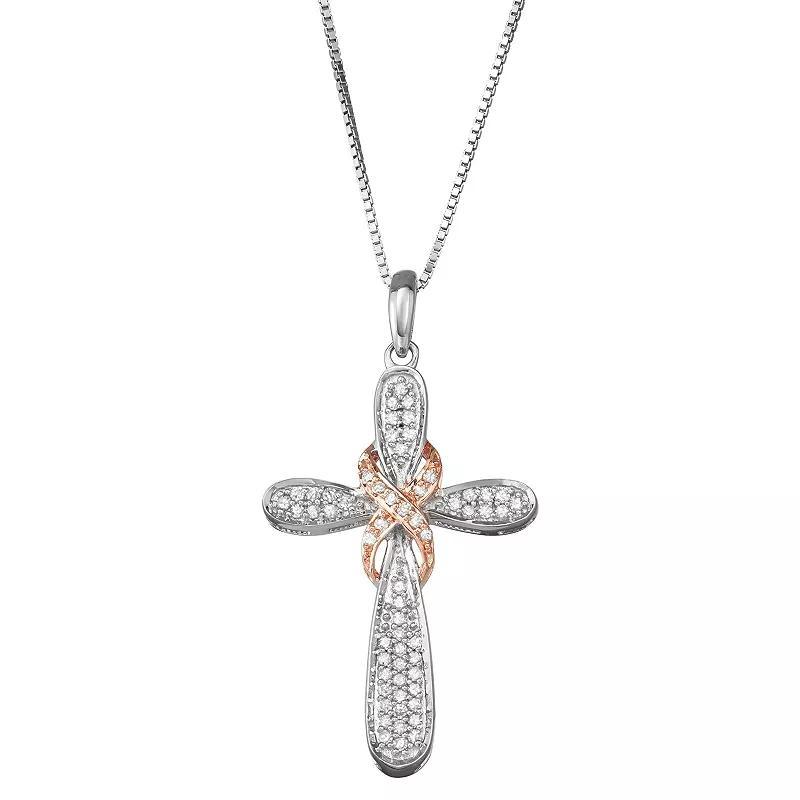 Two Tone Sterling Silver 1/4 Carat T.W. Diamond Cross Pendant, Women's, Size: 18", Pink Tone Product Image