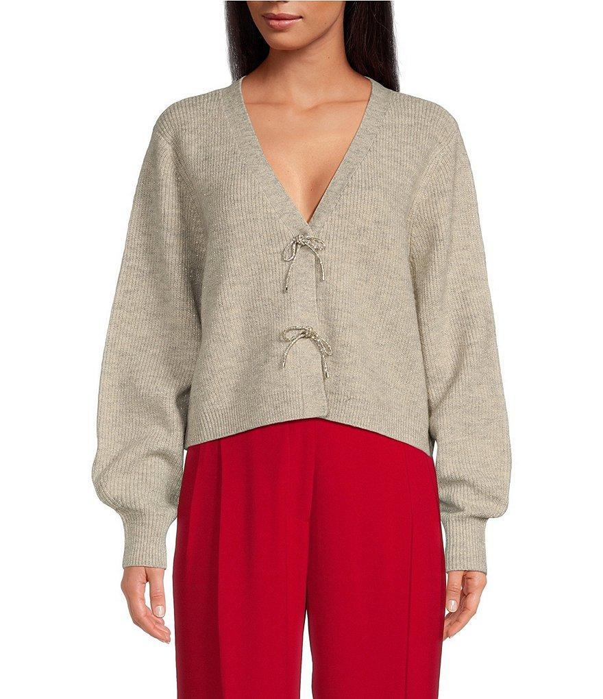 A Loves A Wool Blend Sweater Knit Rhinestone Bow V-Neck Long Sleeve Cardigan Product Image