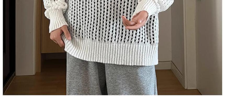 Crew Neck Plain Pointelle Knit Sweater Product Image