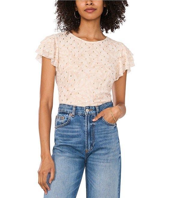 Vince Camuto Metallic Mesh Knit Round Neck Ruffle Short Sleeve Blouse Product Image