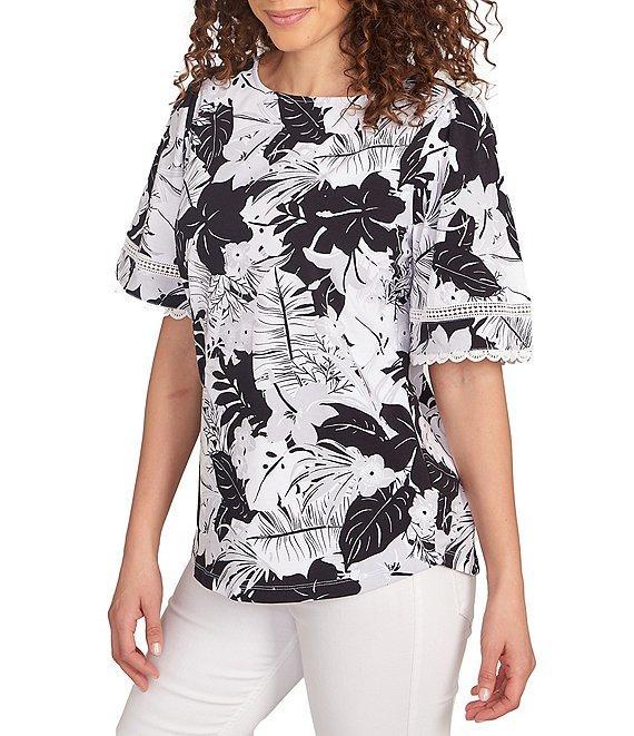 Ruby Rd. Knit Tropical Paradise Print Crew Neck Short Sleeve Top Product Image