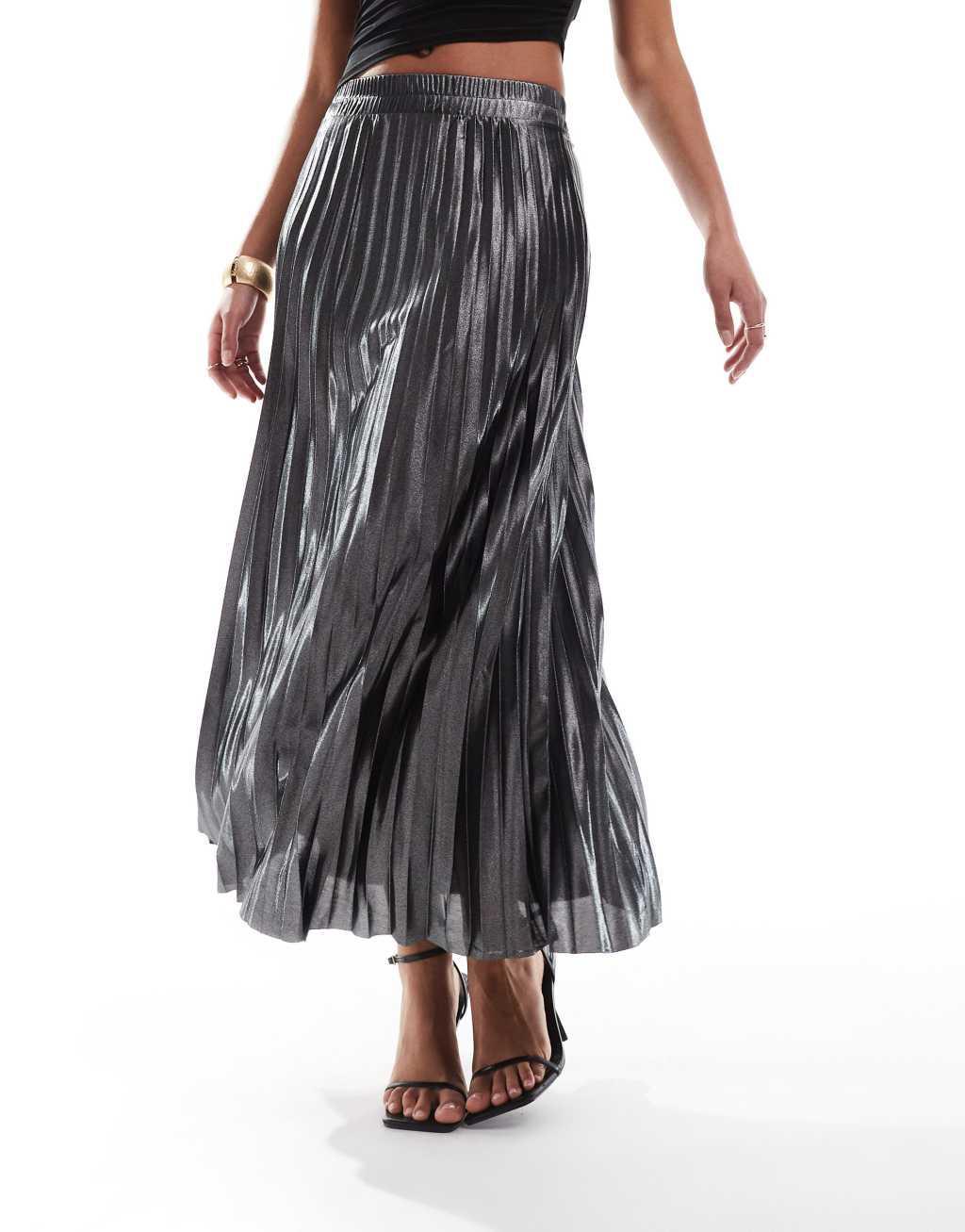 ONLY Tall pleated maxi skirt in gray metallic Product Image