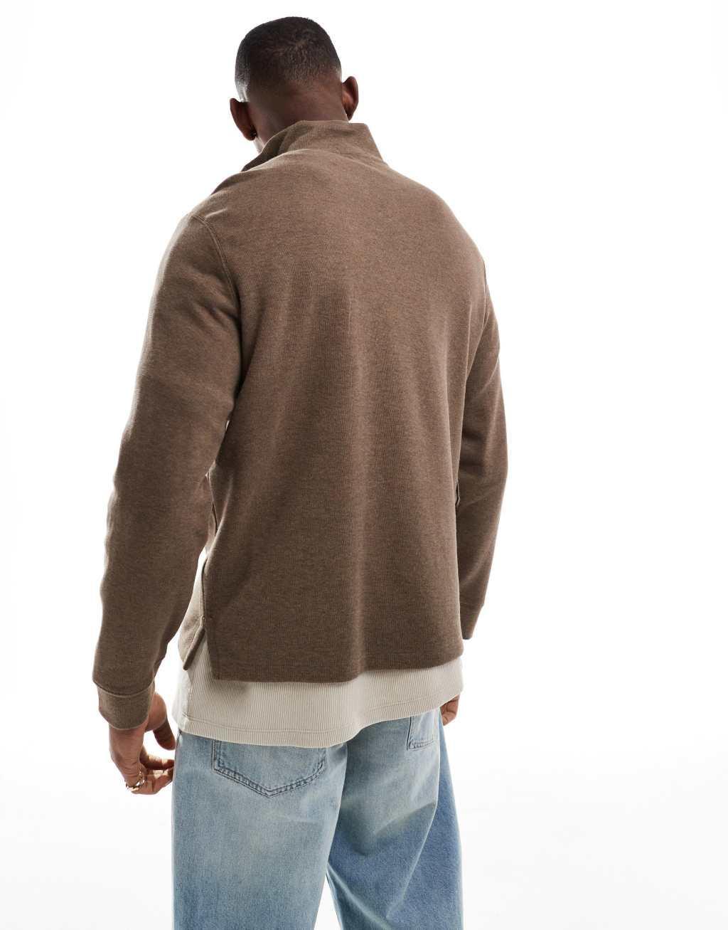 Polo Ralph Lauren icon logo double knit jacquard half zip sweatshirt in heathered brown Product Image