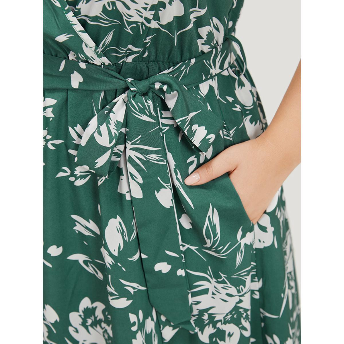 Plus Size Floral Print Belted Ruffle Cap Sleeve Pocket Dress Green Women Elegant Wrap V-neck Cap Sleeve Curvy Midi Dress BloomChic 14-16/1X Product Image
