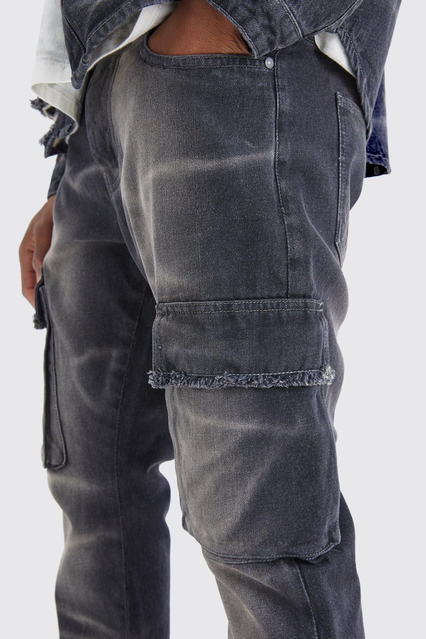 Slim Rigid Flare Overdyed Distressed Cargo Jeans | boohooMAN USA Product Image