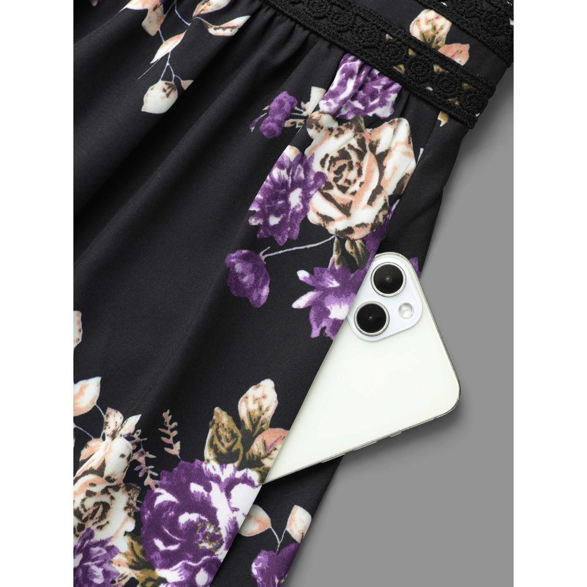 Plus Size V-Neck Floral Bust Defining Lace Dress Black Women Elegant Woven ribbon&lace trim V-neck Long Sleeve Curvy BloomChic 26/4X Product Image
