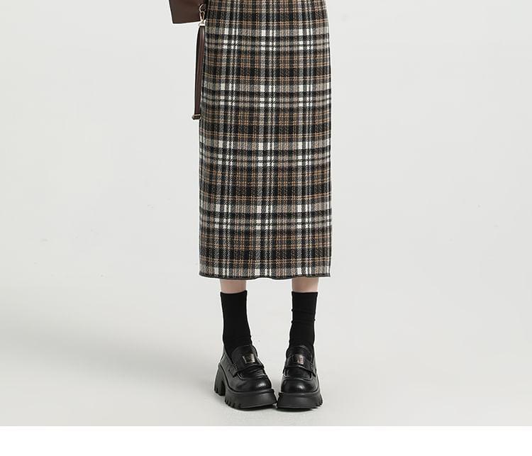 High Rise Plaid Midi Pencil Skirt Product Image