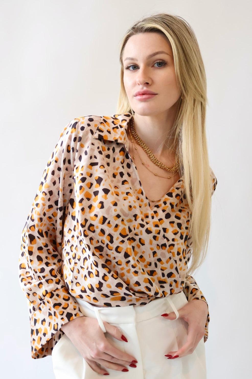 Collared Cross Front Satin Animal Print Blouse Product Image