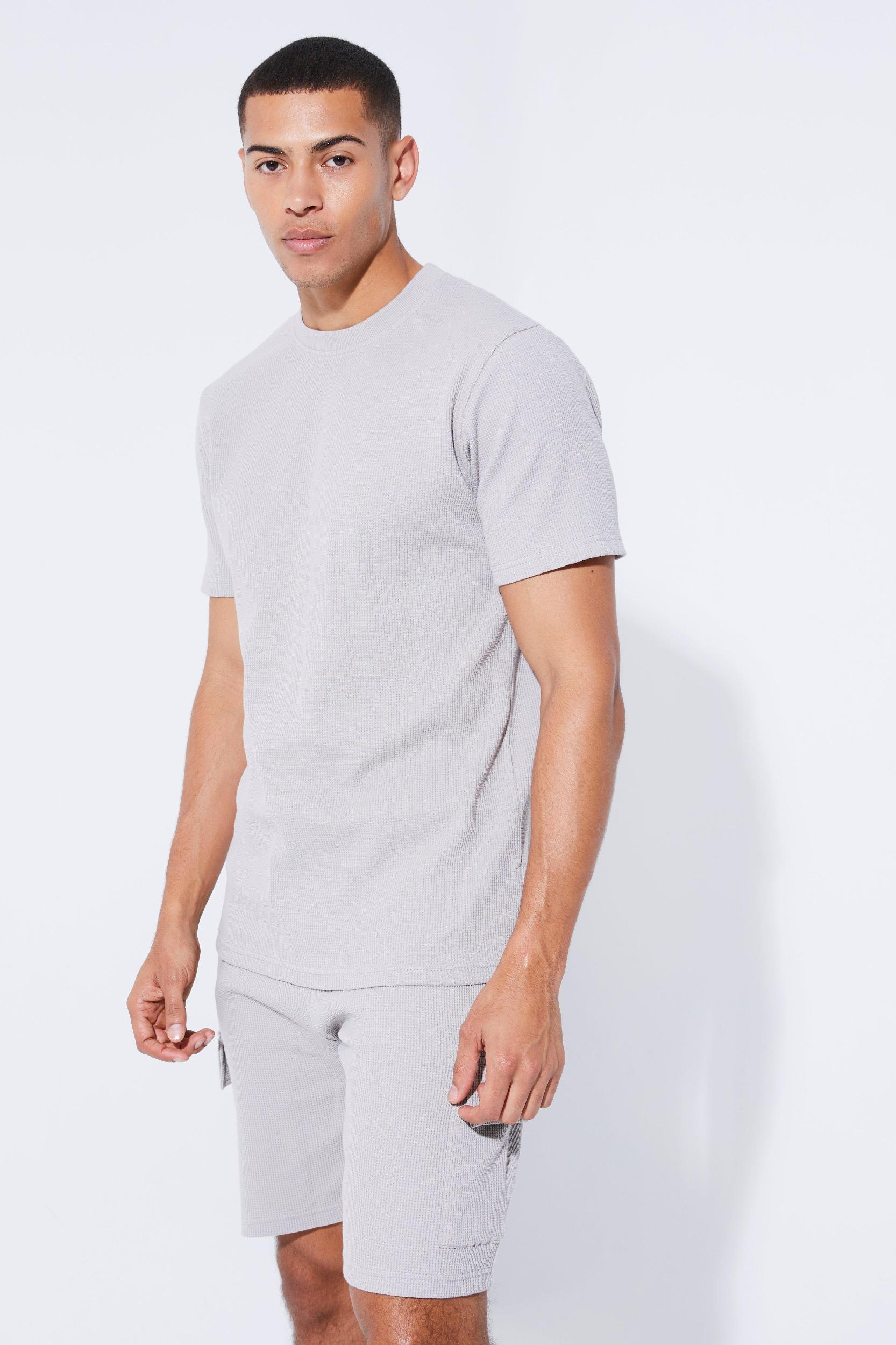 Slim Waffle T-shirt & Cargo Short Set | boohooMAN USA Product Image