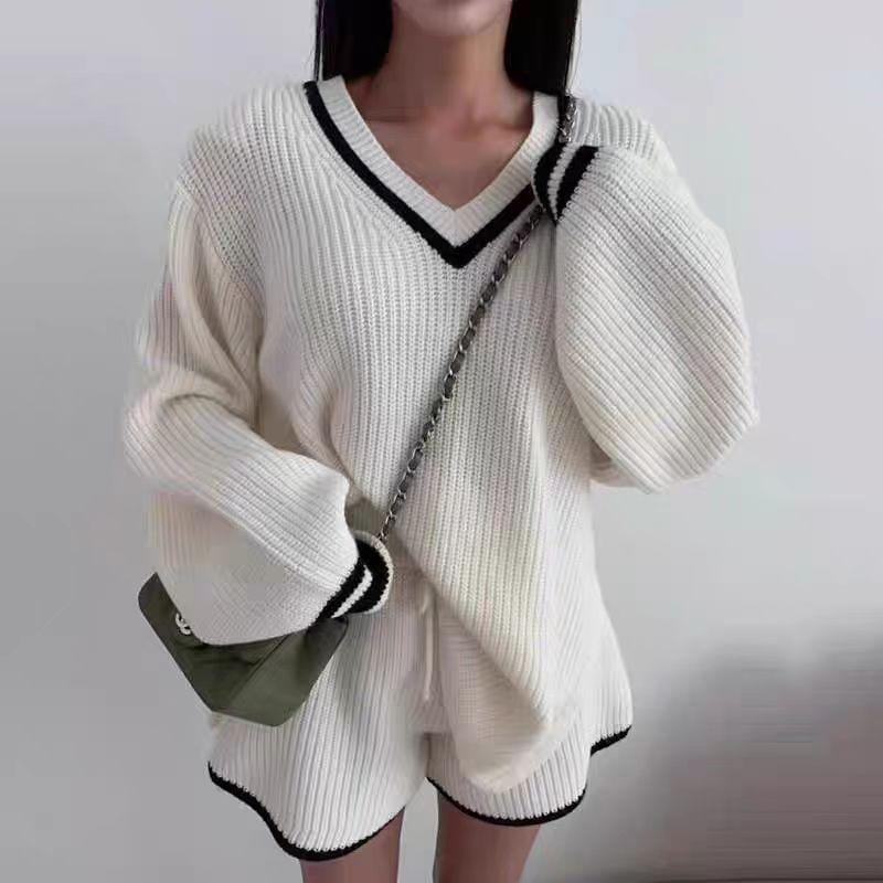 Set: Long-Sleeve V-Neck Contrast Trim Sweater + High Waist Shorts Product Image