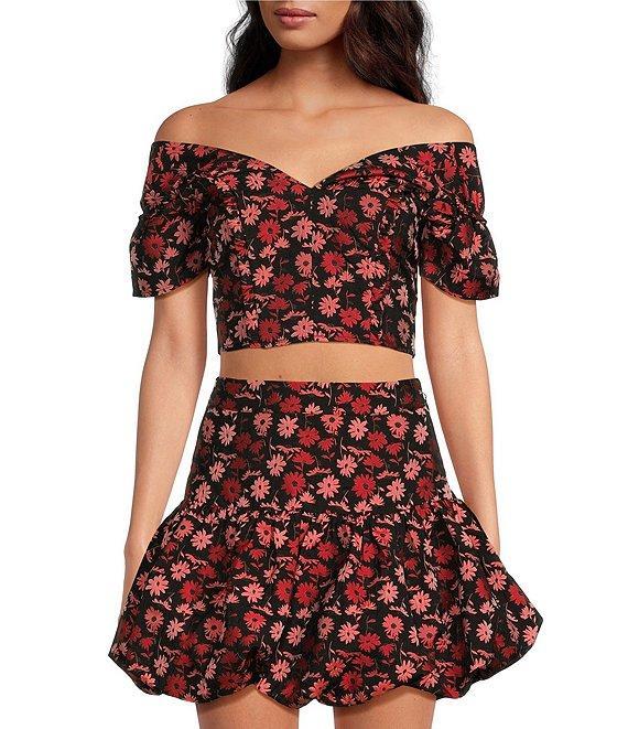 Sugarlips Floral Jacquard Off The Shoulder Neck Short Sleeve Coordinating Cropped Top Product Image
