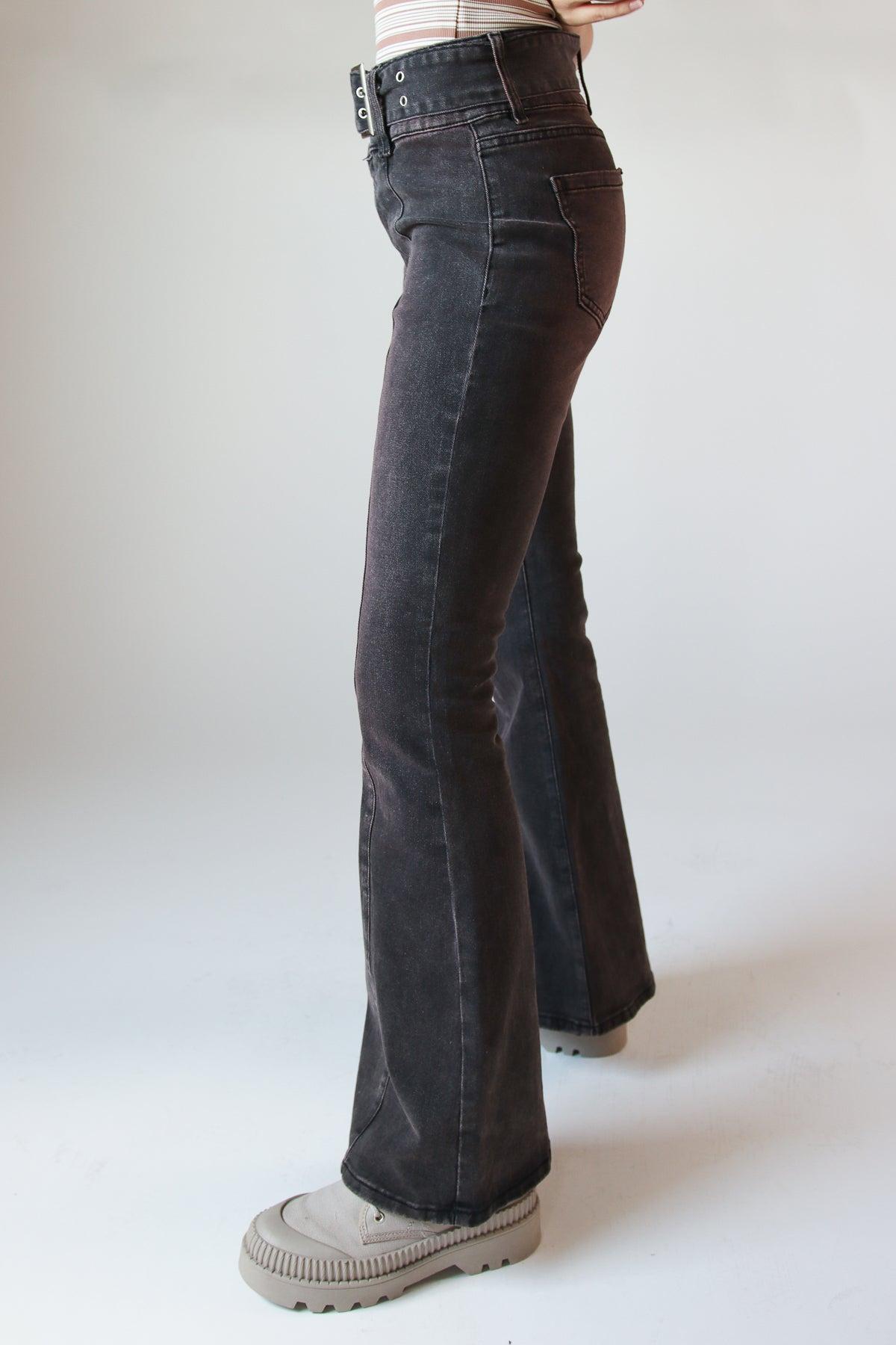 Belted Flare Grunge Wash Jeans Product Image