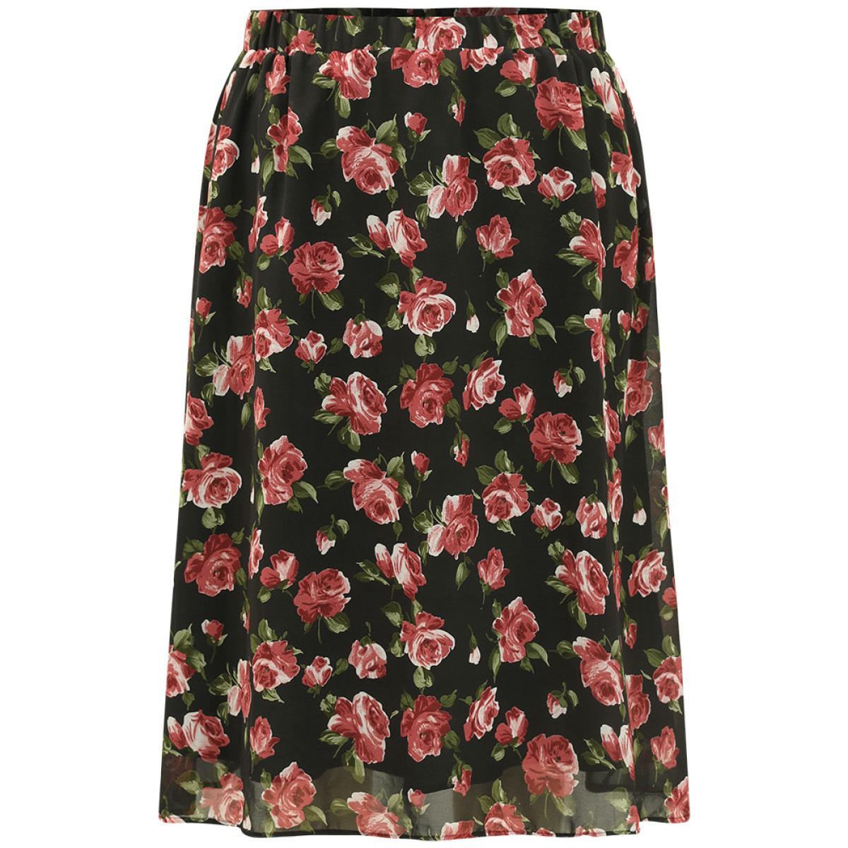 Plus Size Floral Print Mesh Elastic Waist Skirt Women Black Elegant Lined No stretch Dailywear Skirts BloomChic 22-24/3X Product Image