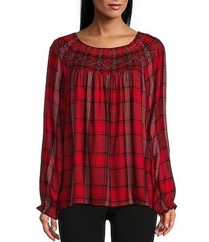 Intro Yarn-Dye Embroidered Smocked Scoop Neck Long Sleeve Plaid Print Top Product Image