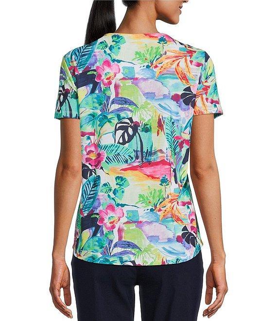 Allison Daley Petite Size Balinese Breeze Print Short Sleeve Crew Neck Knit Top Product Image