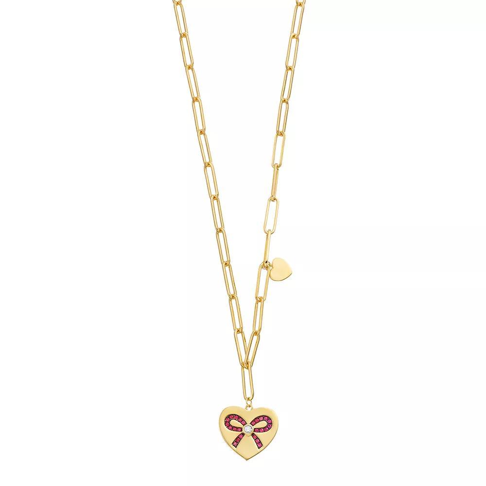 14k Gold Over Silver Pink & Clear Cubic Zirconia Heart Paper Clip Chain Necklace, Womens Gold Tone Product Image