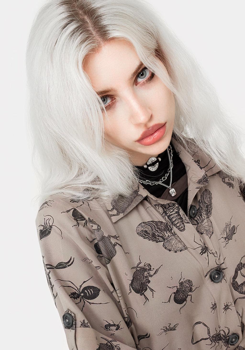 Parasite Bugs Print Mini Short Sleeve Shirt Dress - Taupe Product Image