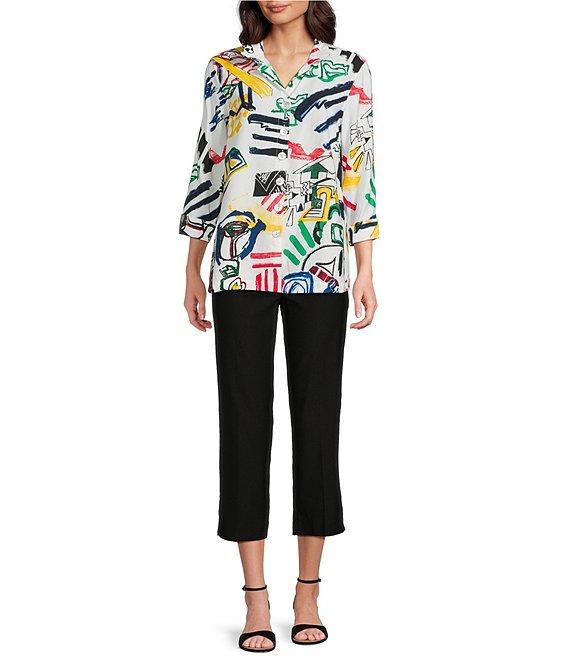 Ali Miles Woven Abstract Doodle Print Wire Collar 3/4 Sleeve Button Front Tunic Product Image