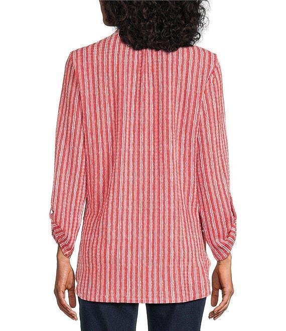 Ruby Rd. Crinkle Knit Stripe V-Neck Long Roll-Tab Sleeve Henley Top Product Image