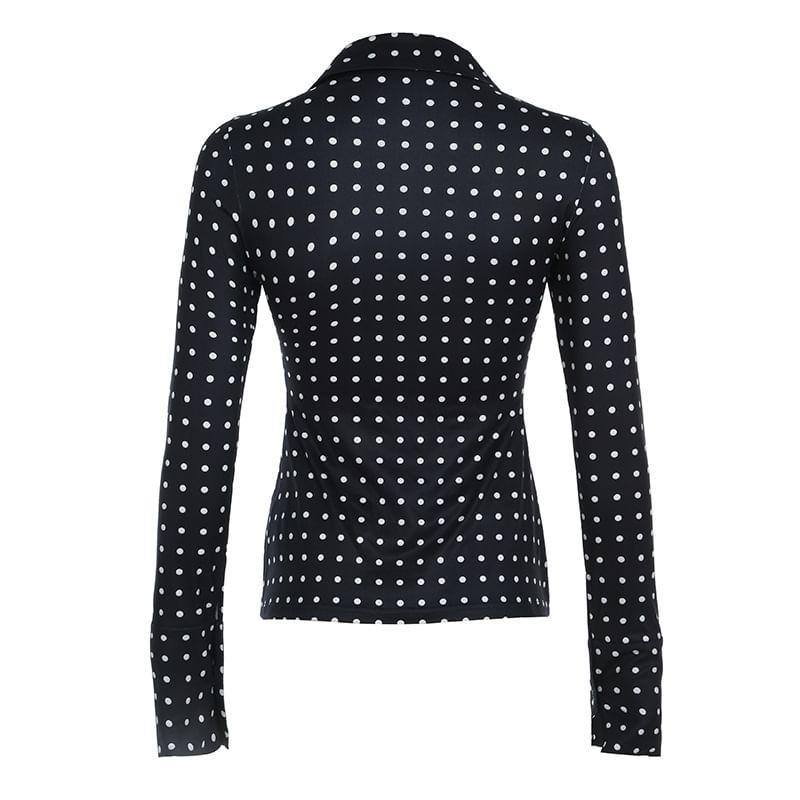 Bell Sleeve V-Neck Dotted Ruffled Slim-Fit Blouse Product Image