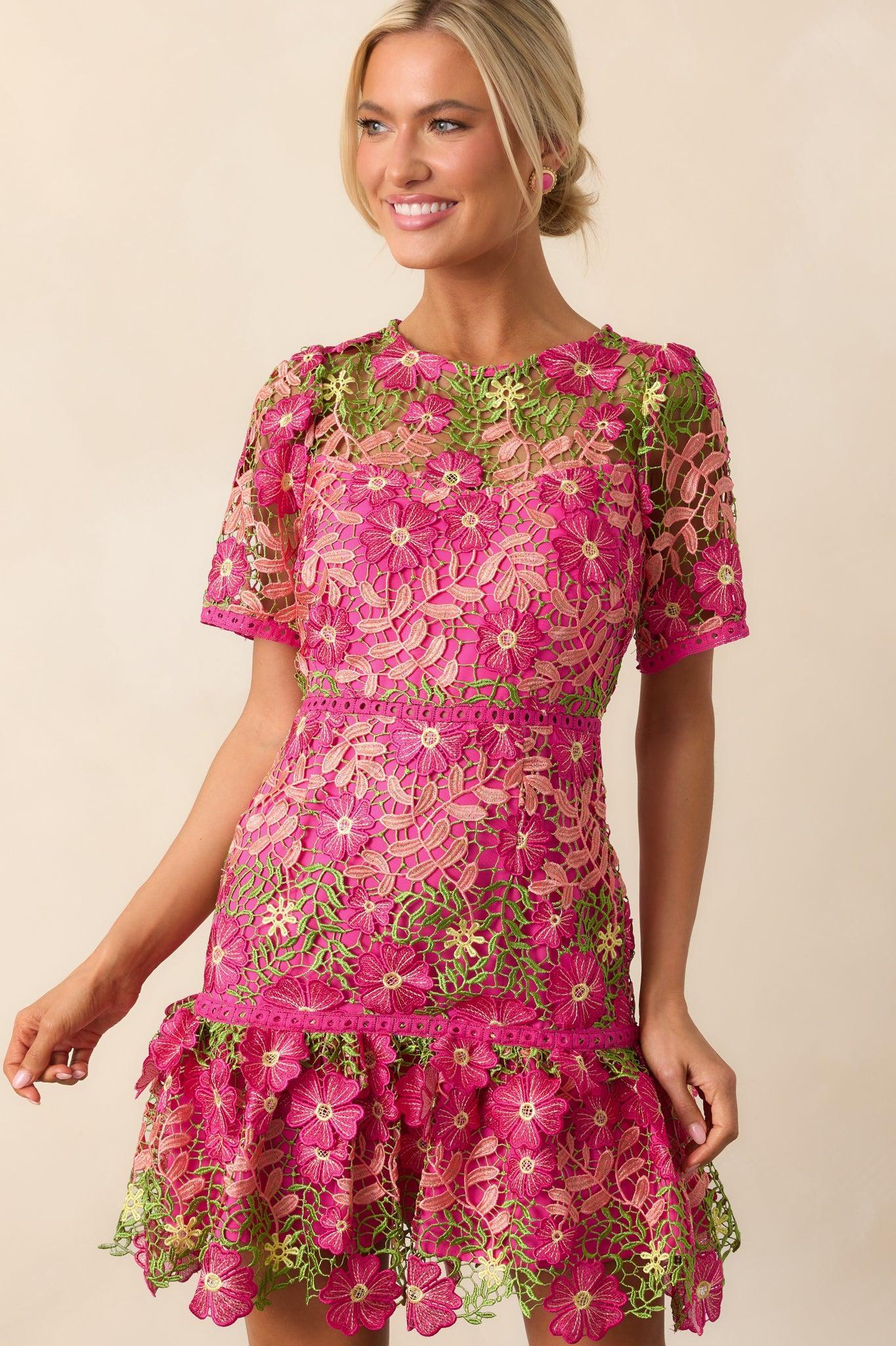 A Work Of Art Magenta Pink Floral Embroidered Mini Dress Product Image