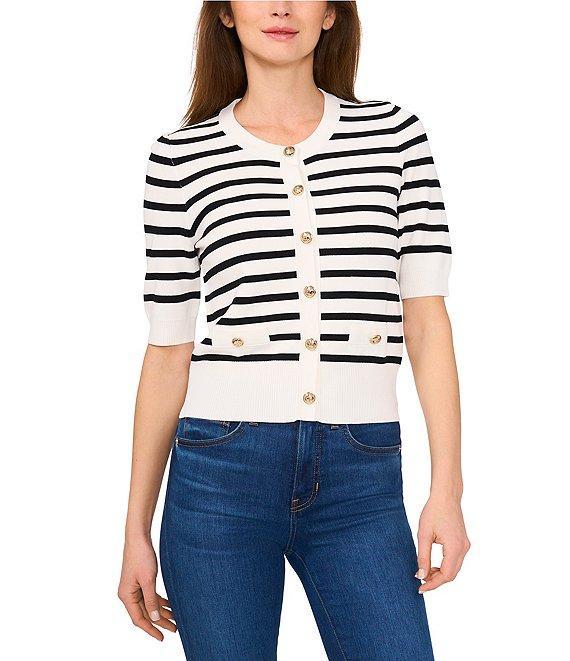 CeCe Striped Crew Neckline Short Sleeve Button Front Cardigan Product Image