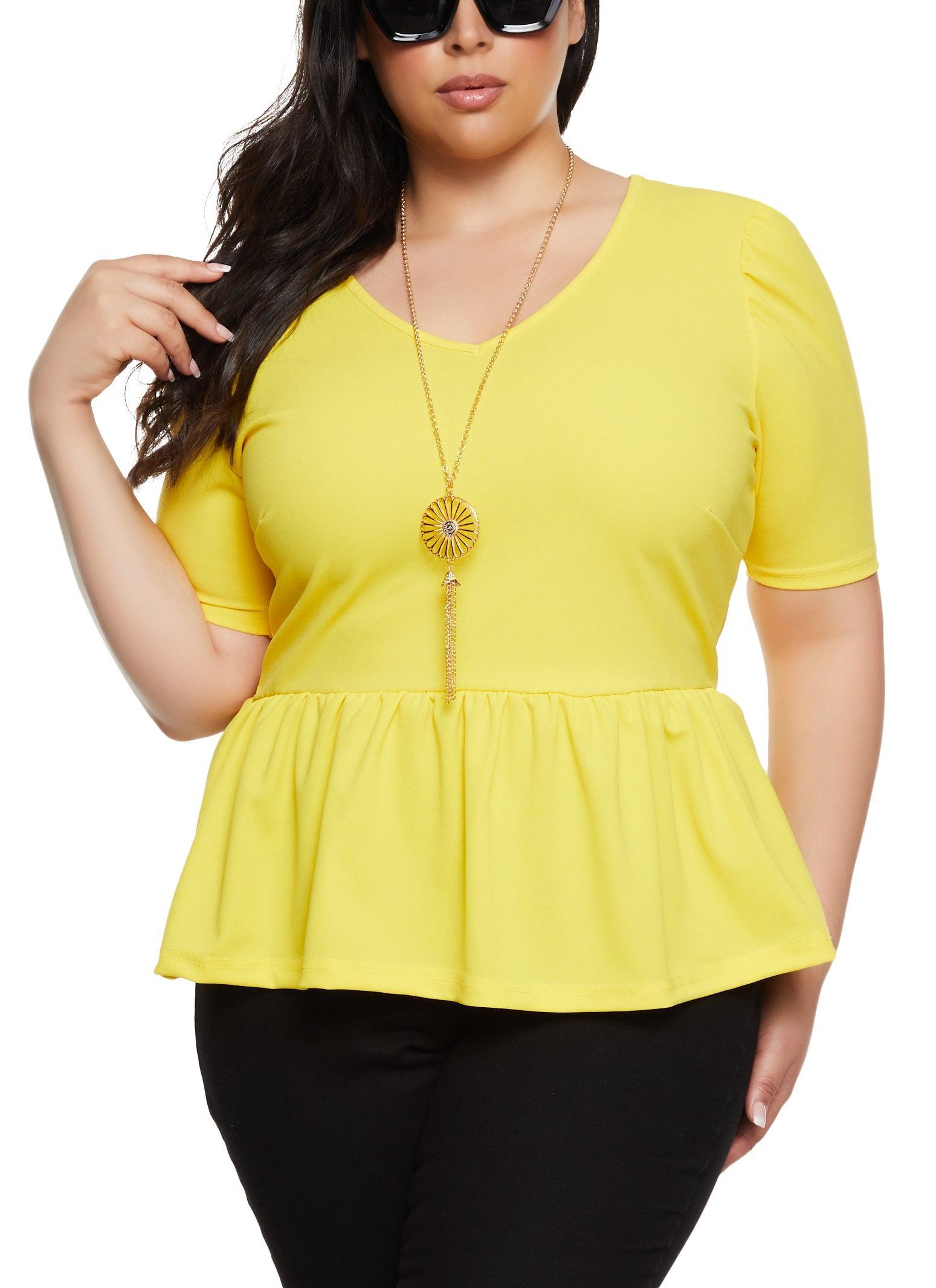 Womens Plus Size Puff Sleeve Peplum Blouse with Necklace Product Image