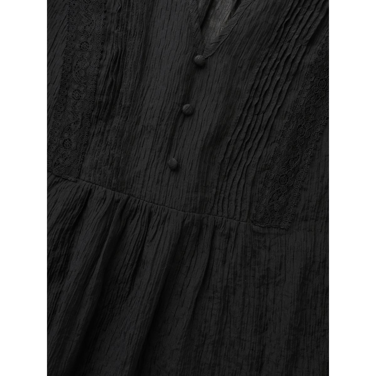 Plus Size Black Textured Lace Panel Pleated Blouse Women Elegant Long Sleeve V-neck Everyday Blouses BloomChic 28/5X Product Image