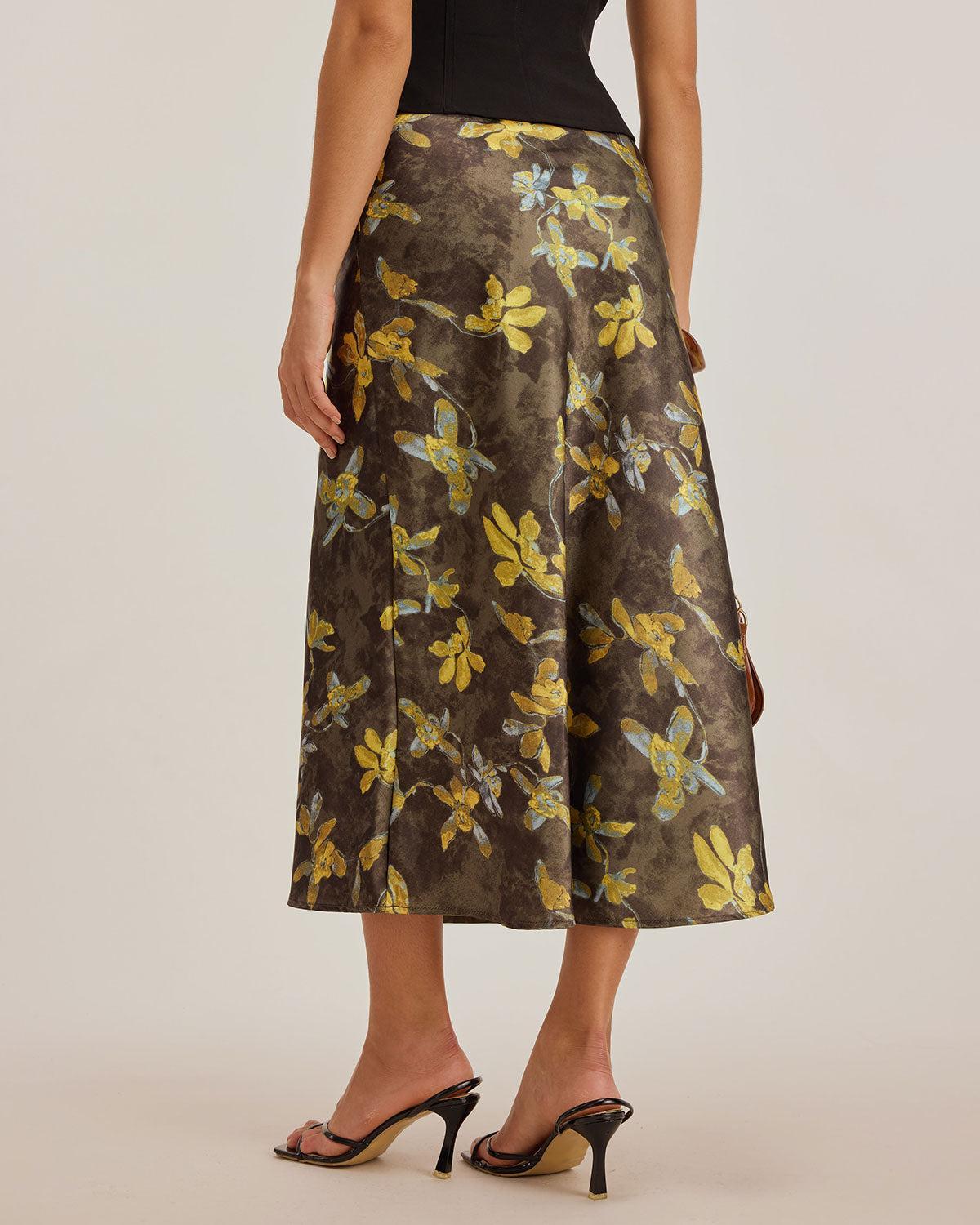 Yellow Floral Straight Midi Skirt Product Image