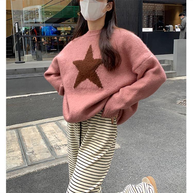 Round Neck Star Print Sweater Product Image