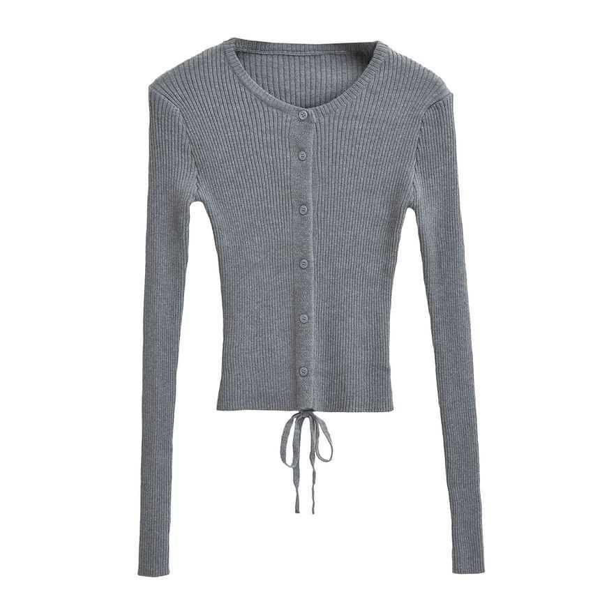 Round Neck Plain Ribbed Knit Cropped Cardigan Product Image