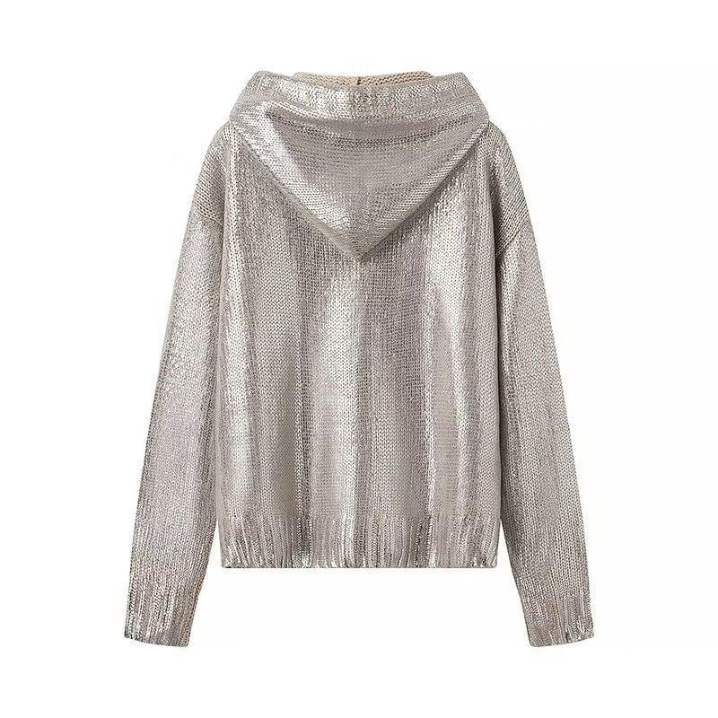 Metallic Drawstring Knit Hoodie Product Image