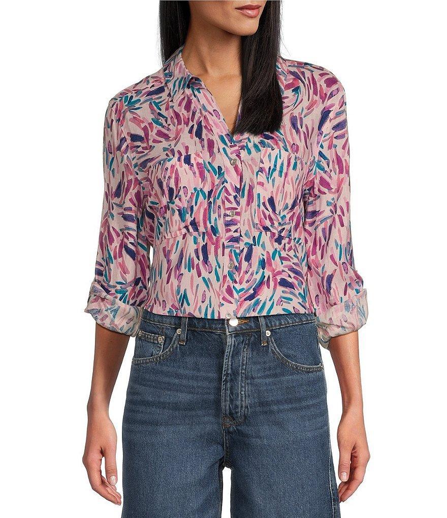 Westbound Dancing Daubs 3/4 Roll-Tab Sleeve Point Collar Y-Neck Button Front Shirt Product Image