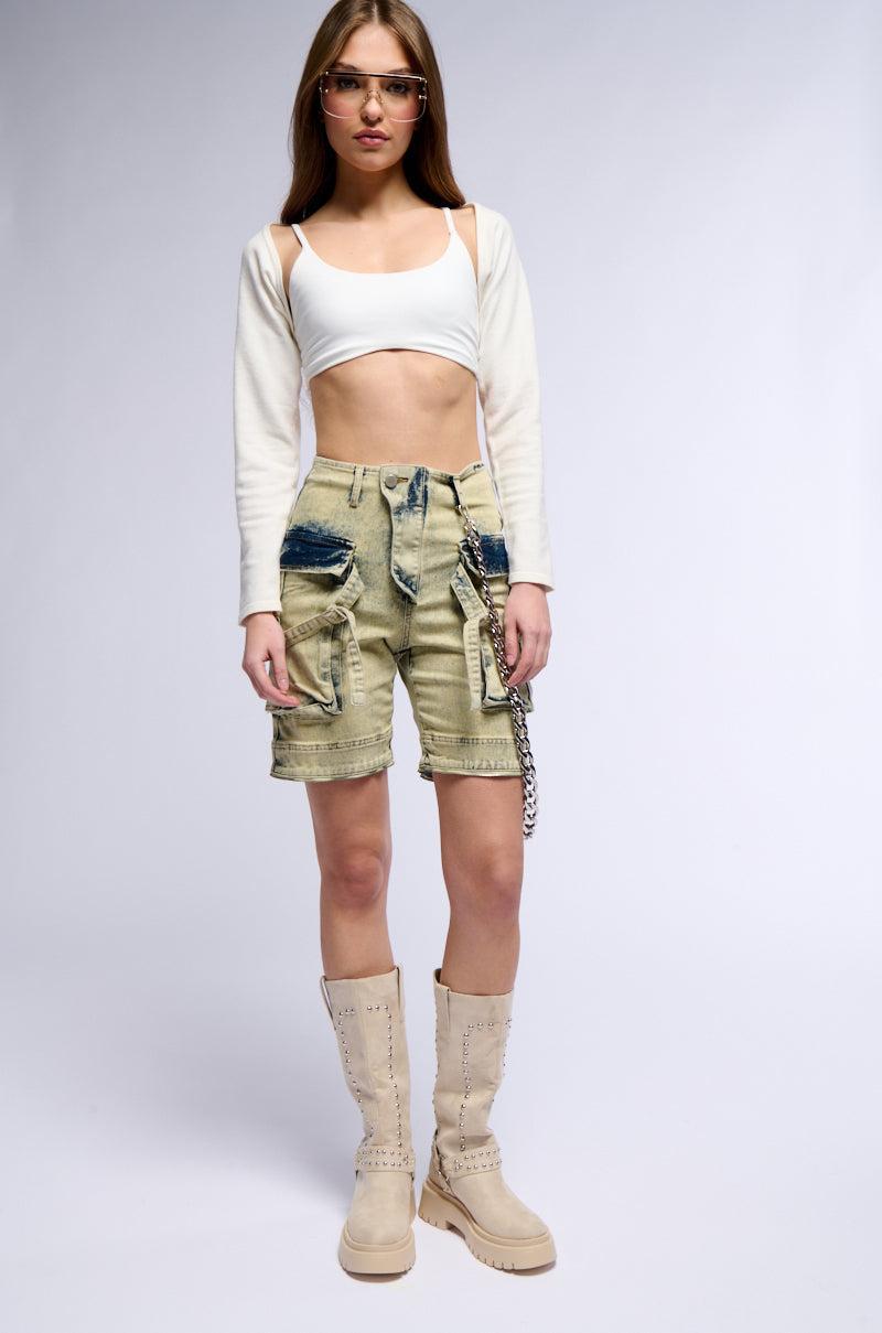 CAPRICE DISTRESSED DENIM CARGO CONVERTIBLE ZIP OFF PANT Product Image